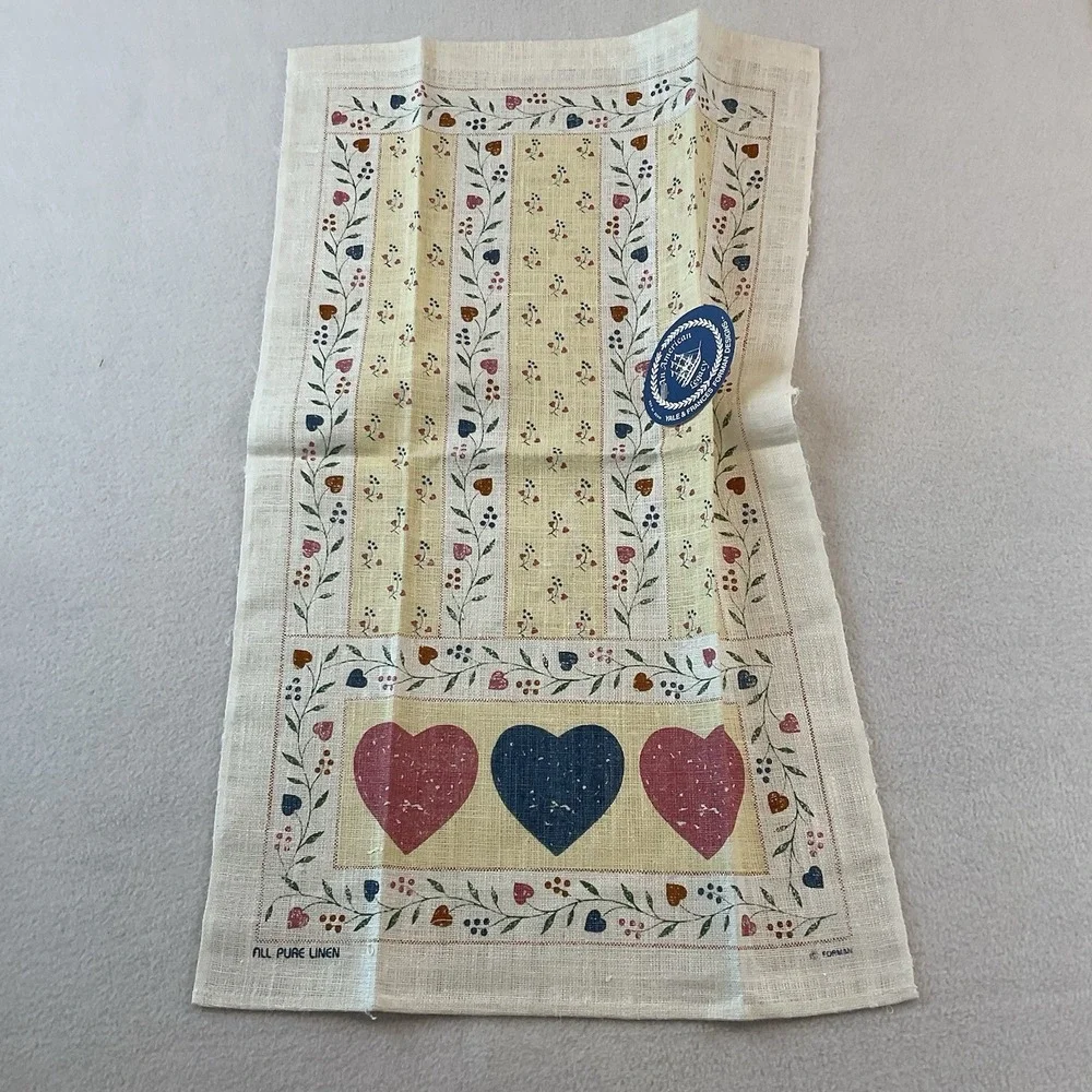 Yale & Frances Forman Designs Linen Kitchen Towel Potholder Blue Pink Hearts VTG